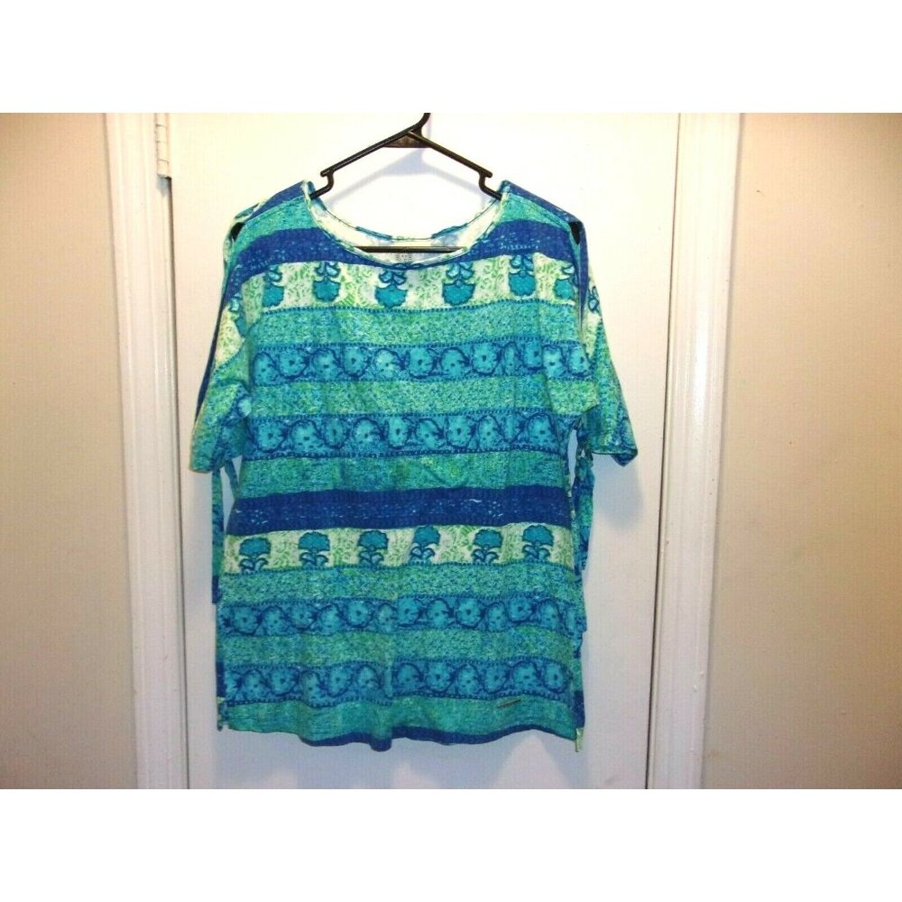 Anne Klein Sport Turquoise Blue Green White Slit Sleeve Top M
